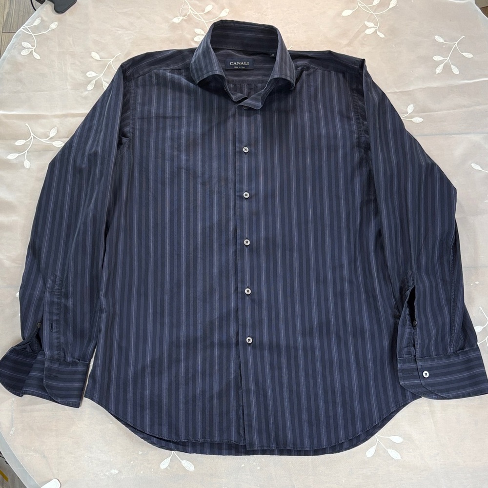 Canali Italy Men's Dark Navy Pinstripe Shirt Size 39 100% Cotton